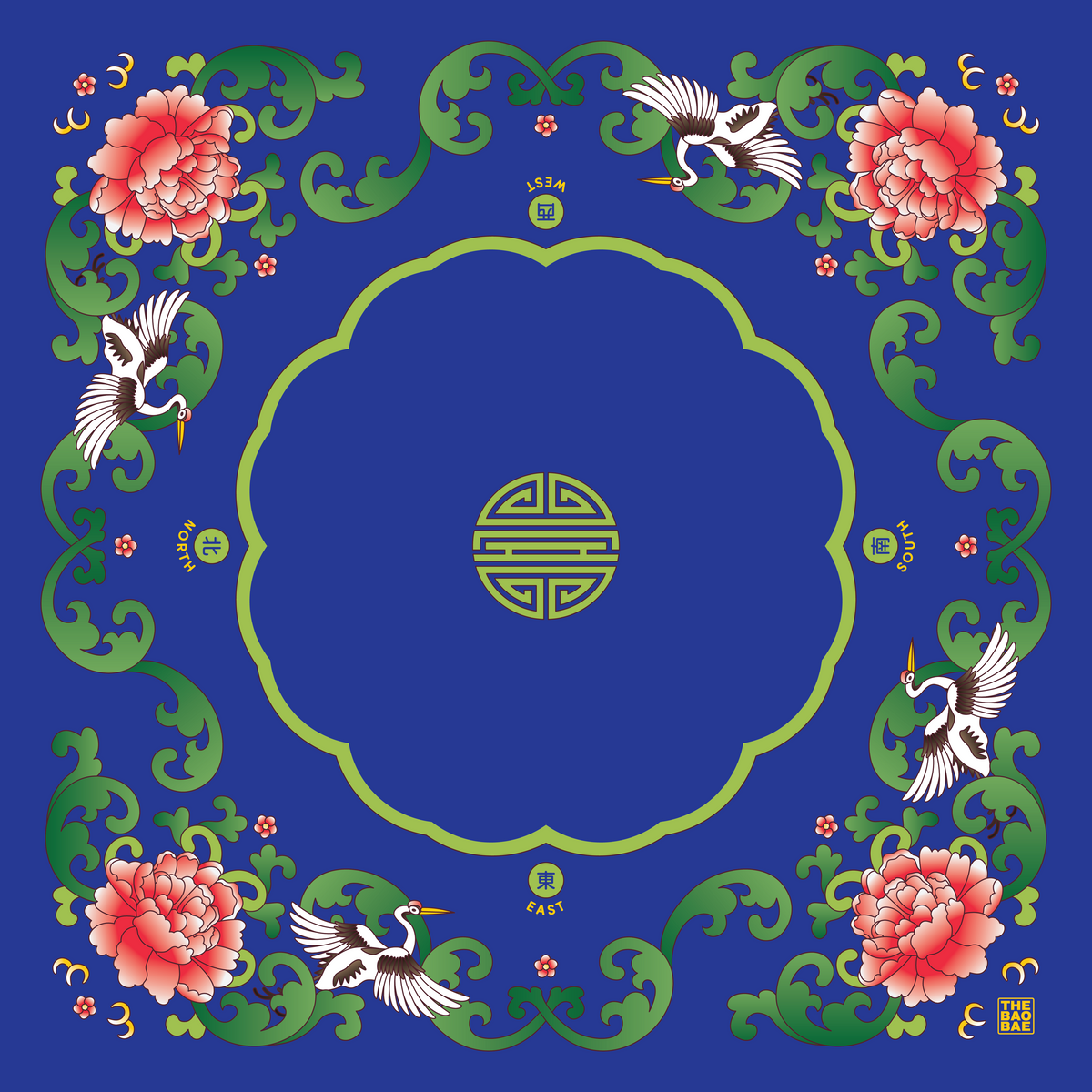 Peony Crane Blue Mahjong Mat