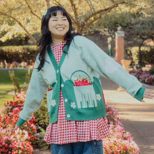 Strawberry Picking Berry Basket Pocket Knit Cardigan
