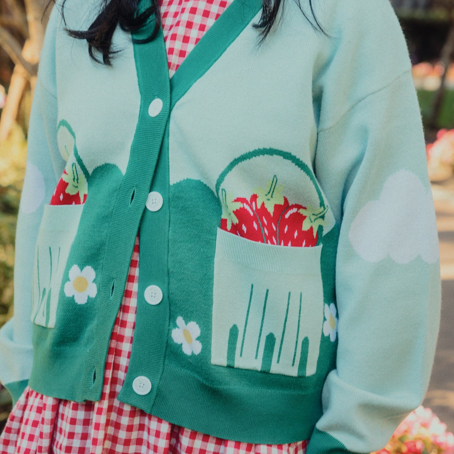 Strawberry Picking Berry Basket Pocket Knit Cardigan