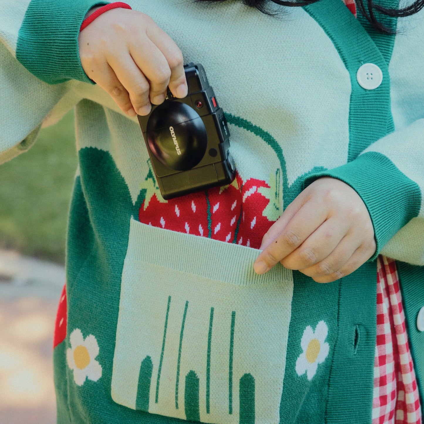 Strawberry Picking Berry Basket Pocket Knit Cardigan