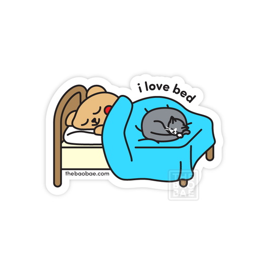 I Love Bed Bear and Cat Sticker