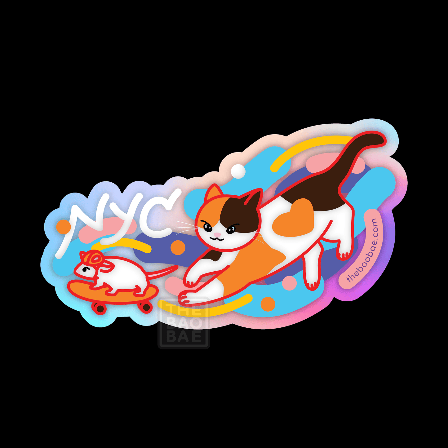 NYC Cat vs Skateboard Rat Holographic Sticker
