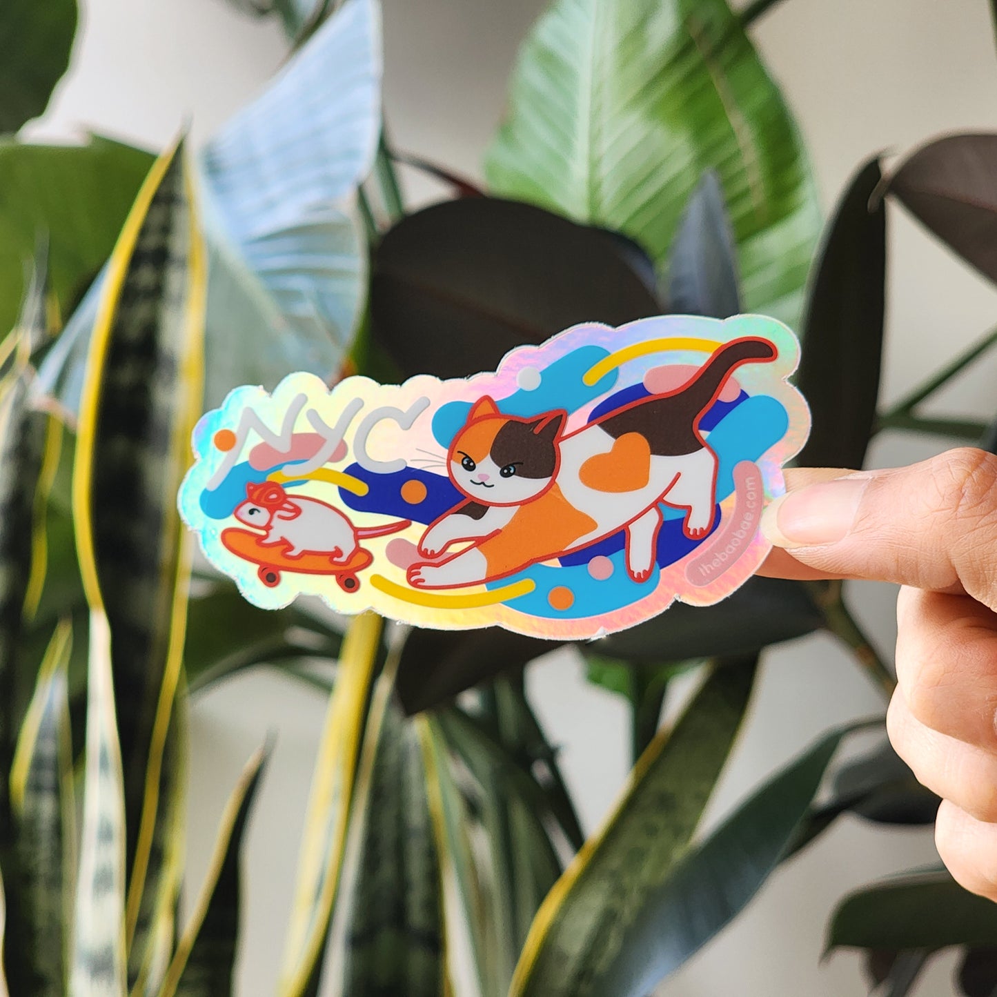 NYC Cat vs Skateboard Rat Holographic Sticker